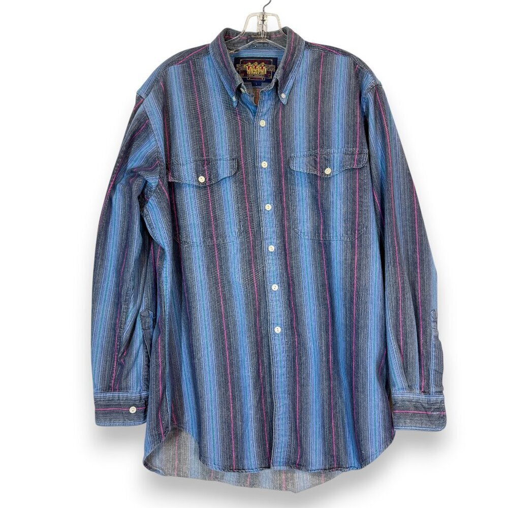 Ralph Lauren Vintage Chaps Shirt Blue Western Striped Button Down 90s Large